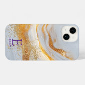 White marble chic gold glitter monogram iPhone hoesje (Achterkant horizontaal)