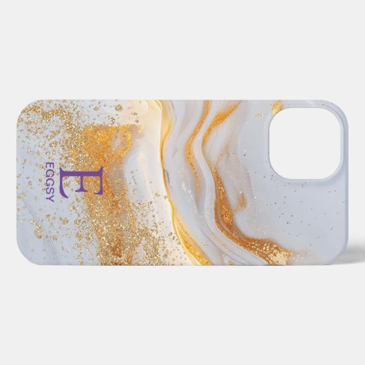 White marble chic gold glitter monogram iPhone hoesje (Achterkant horizontaal)