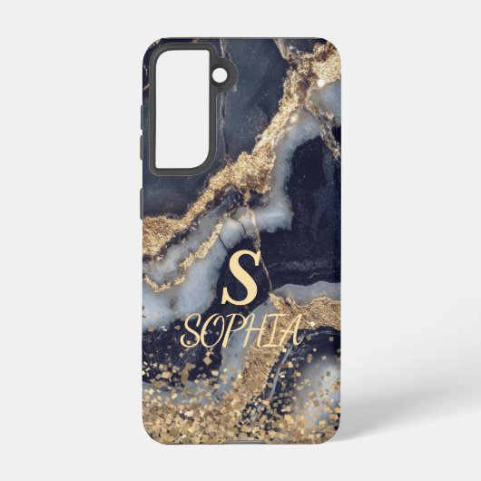 white marble chic gold glitter monogram samsung galaxy hoesje (Achterkant)