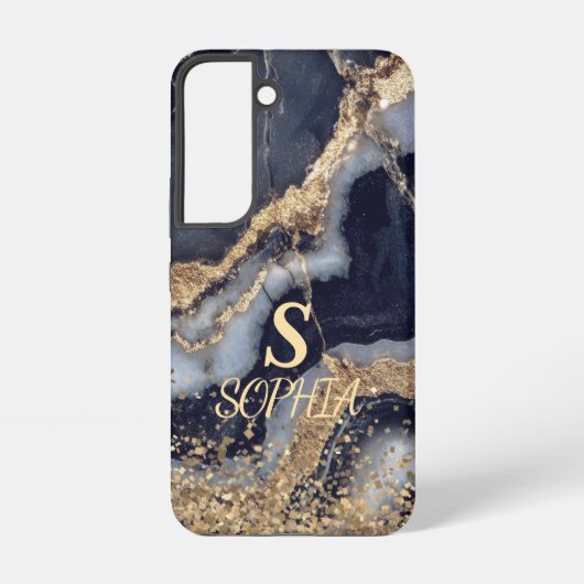 white marble chic gold glitter monogram samsung galaxy hoesje (Achterkant)
