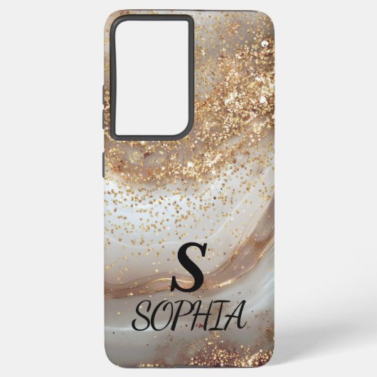 white marble chic gold glitter monogram samsung galaxy hoesje (Achterkant)