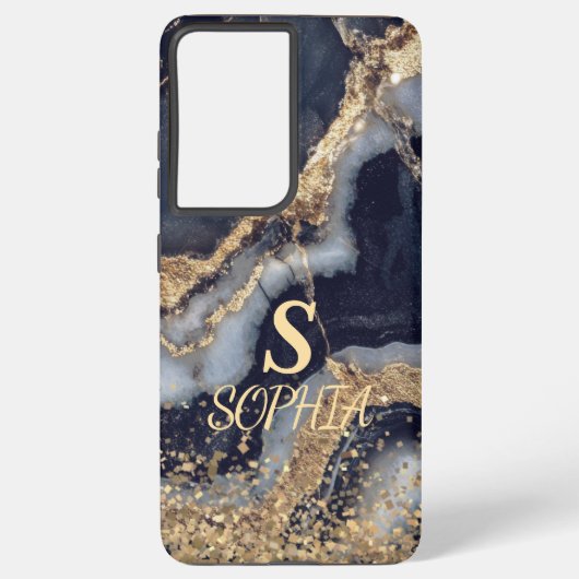 white marble chic gold glitter monogram samsung galaxy hoesje (Achterkant)