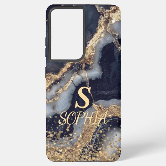white marble chic gold glitter monogram samsung galaxy hoesje (Achterkant)