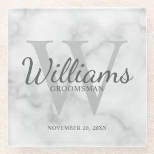 White Marble Classic Script Specialized Groomsmen Glazen Onderzetter