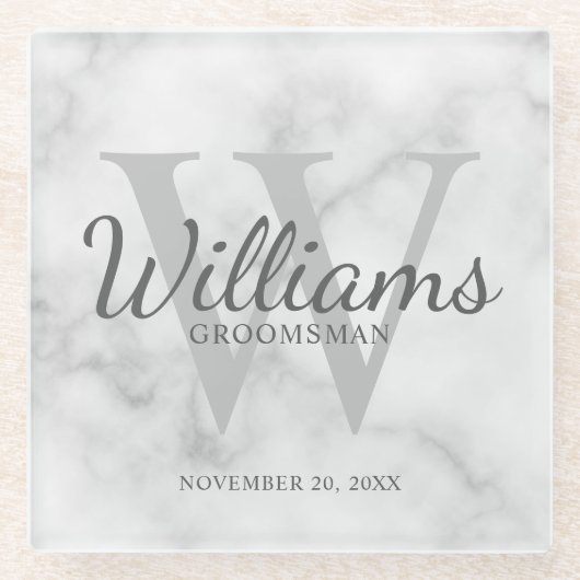 White Marble Classic Script Specialized Groomsmen Glazen Onderzetter (Voorkant)