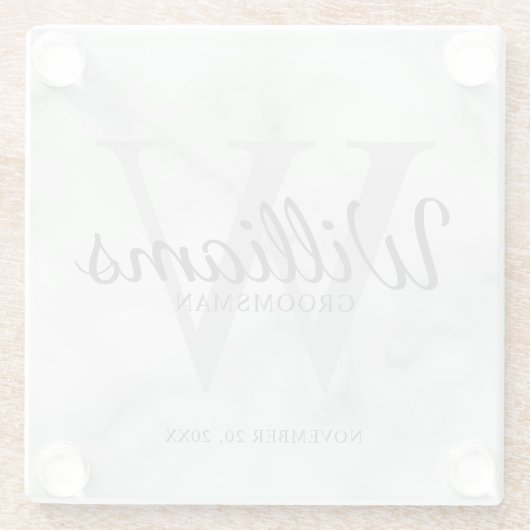White Marble Classic Script Specialized Groomsmen Glazen Onderzetter (Achterkant)