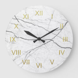 White marble Depiction Wall Clock Gold Numerals Grote Klok