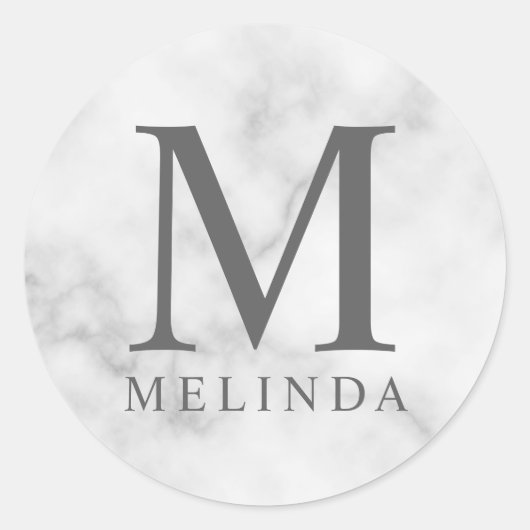 White Marble Elegant Monogram Ronde Sticker (Voorkant)