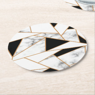 White marble Geometric in Gold Ronde Kartonnen Onderzetter