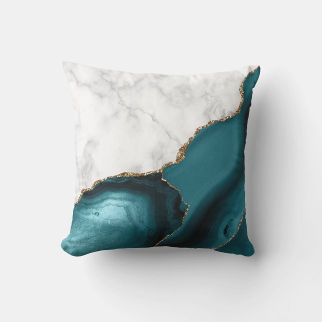 White Marble Gilded Blauwgroen Agate Buitenkussen (Voorkant)