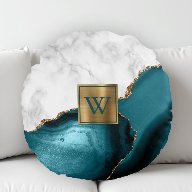 White Marble Gilded Blauwgroen Agate Monogram Rond Kussen (Creator heeft geüpload)