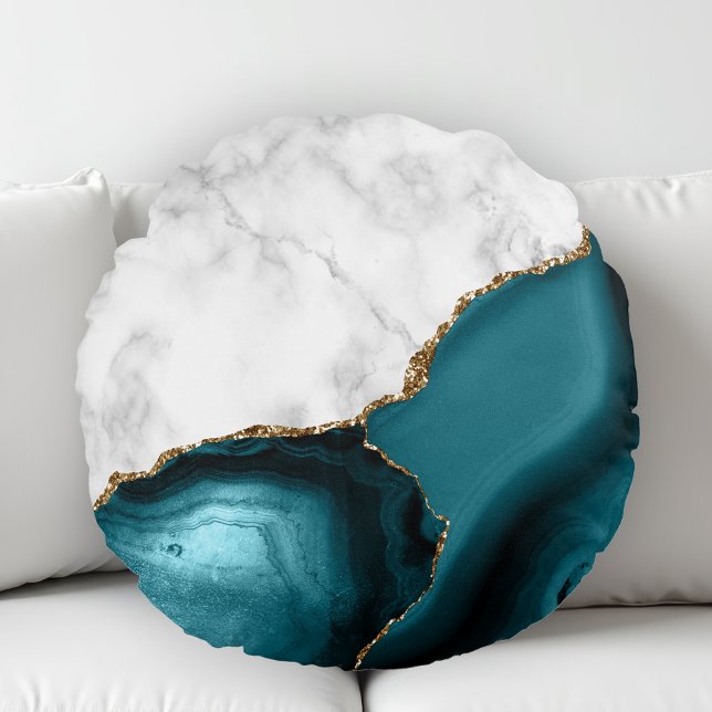 White Marble Gilded Blauwgroen Agate Rond Kussen (Creator heeft geüpload)