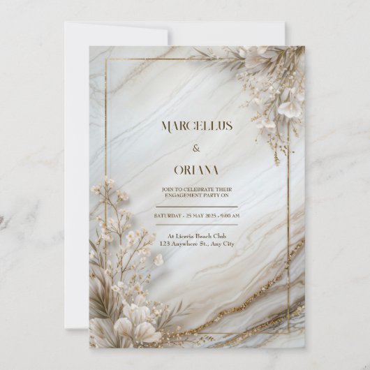 White Marble Gilded Botanical Wedding Kaart (Voorkant)