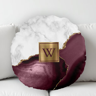 White Marble Gilded Burgundy Agate Monogram Rond Kussen