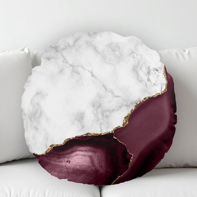 White Marble Gilded Burgundy Agate Rond Kussen (Creator heeft geüpload)