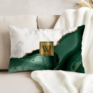 White Marble Gilded Emerald Green Agate Monogram Accent Kussen