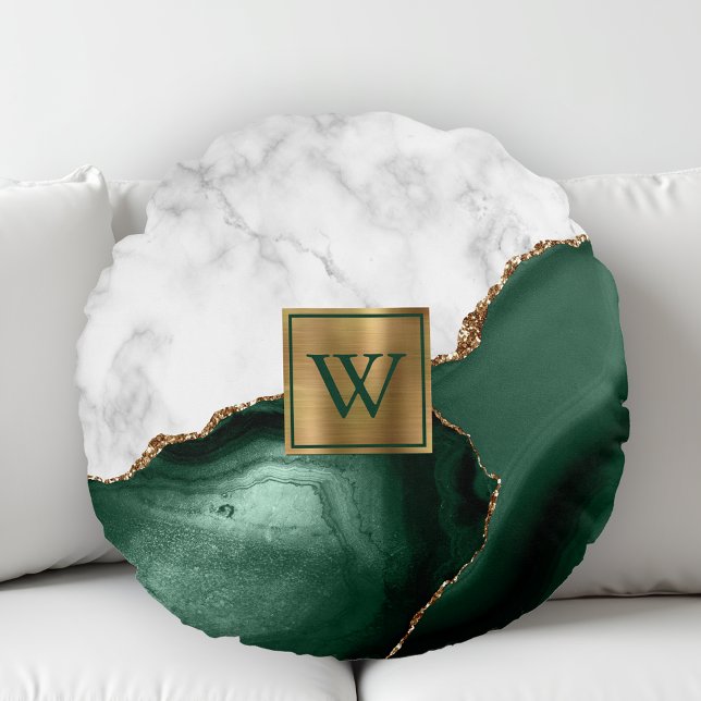 White Marble Gilded Emerald Green Agate Monogram Rond Kussen (Creator heeft geüpload)