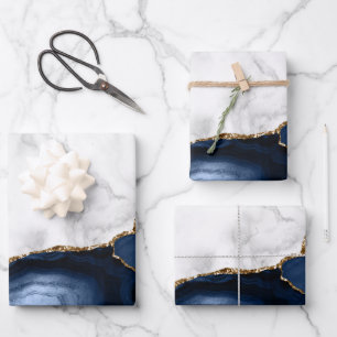 White Marble Gilded Navy Blue Agate Inpakpapier Vel