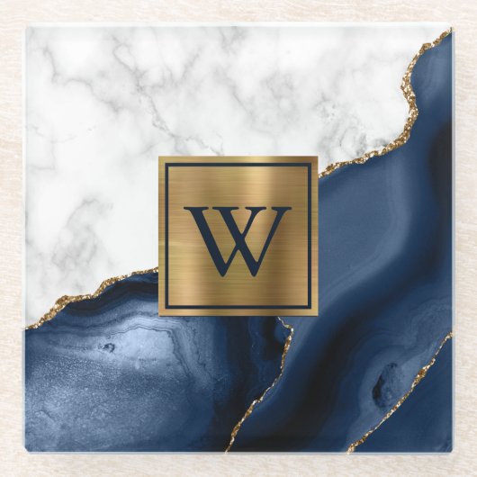 White Marble Gilded Navy Blue Agate Monogram Glazen Onderzetter (Voorkant)