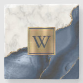 White Marble Gilded Navy Blue Agate Monogram Stenen Onderzetter (Voorkant)
