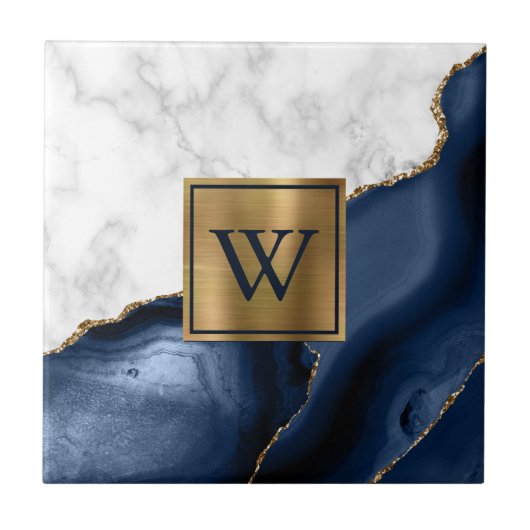 White Marble Gilded Navy Blue Agate Monogram Tegeltje (Voorkant)