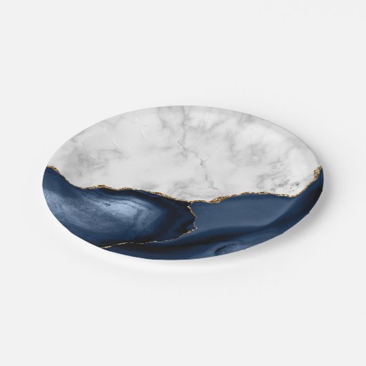 White Marble Gilded Navy Blue Agate Papieren Bordje (Gekanteld)