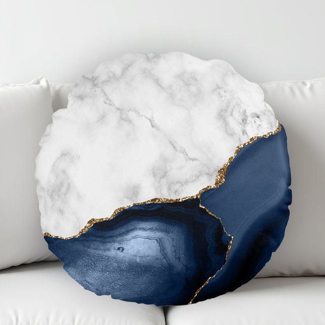 White Marble Gilded Navy Blue Agate Rond Kussen (Creator heeft geüpload)
