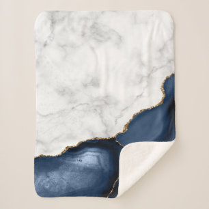 White Marble Gilded Navy Blue Agate Sherpa Deken