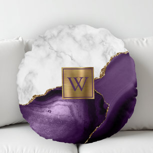 White Marble Gilded Paars Agate Monogram Rond Kussen