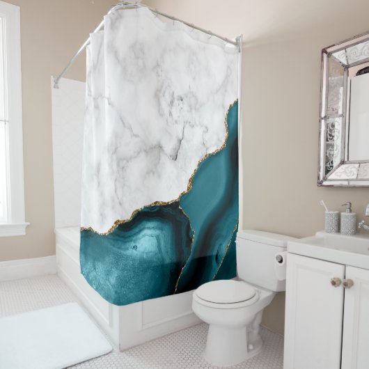 White Marble Gilded Teal Blue Agate Douchegordijn (In situ)