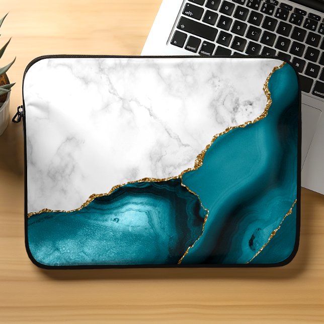 White Marble Gilded Teal Blue Agate Laptop Sleeve (Creator heeft geüpload)