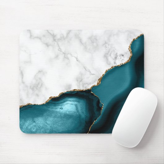White Marble Gilded Teal Blue Agate Muismat (Met muis)