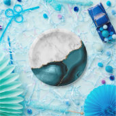 White Marble Gilded Teal Blue Agate Papieren Bordje (Feest)