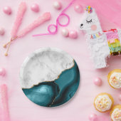 White Marble Gilded Teal Blue Agate Papieren Bordje (Feest)