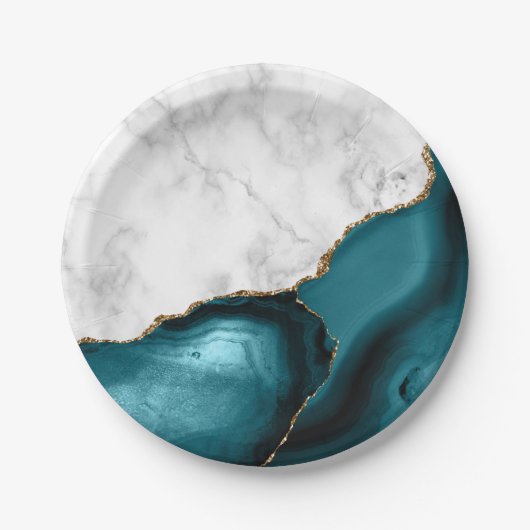 White Marble Gilded Teal Blue Agate Papieren Bordje (Voorkant)