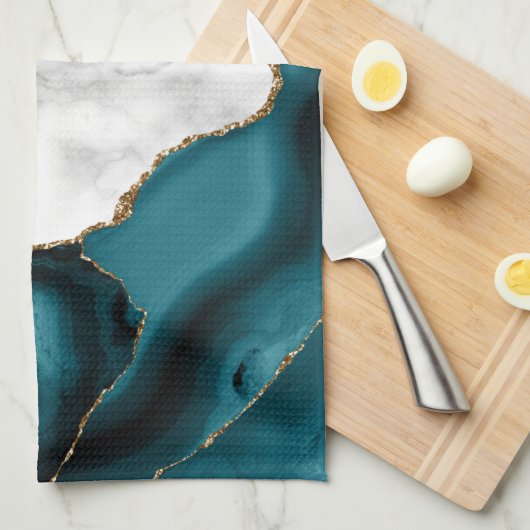 White Marble Gilded Teal Blue Agate Theedoek (Quarter Fold)