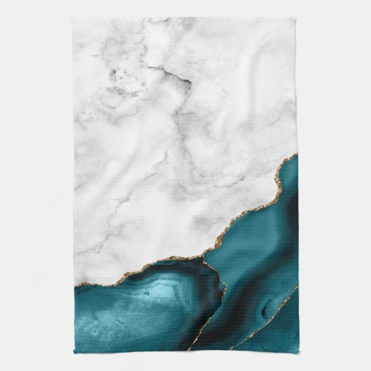 White Marble Gilded Teal Blue Agate Theedoek (Verticaal)