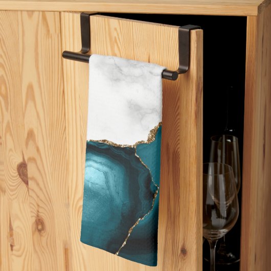 White Marble Gilded Teal Blue Agate Theedoek (Derde Gevouwen)