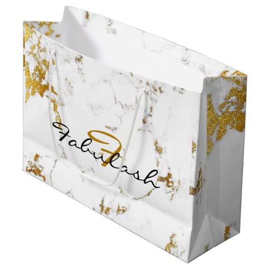 White marble Gold Bridal Glitter Name Monogram Groot Cadeauzakje (Voorkant Gekanteld)