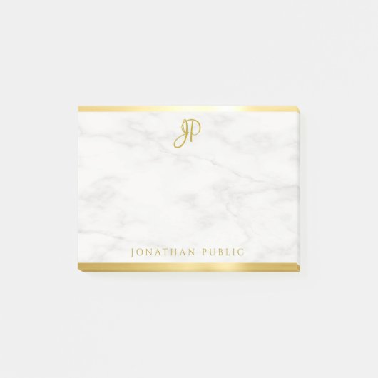 White Marble Gold Calligraphy Monogram Sjabloon Post-it® Notes (Voorkant)