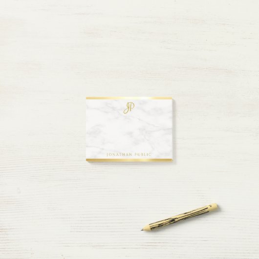 White Marble Gold Calligraphy Monogram Sjabloon Post-it® Notes (Op bureau)