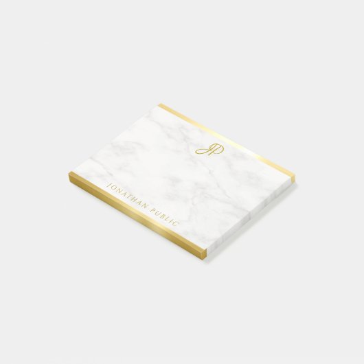 White Marble Gold Calligraphy Monogram Sjabloon Post-it® Notes (Schuin)