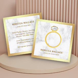 White Marble Gold Diamond Solitaire Ring Jeweler Vierkante Visitekaartje