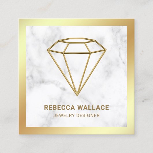 White marble Gold Foil Geometric Diamond Jeweler Vierkante Visitekaartje (Voorkant)