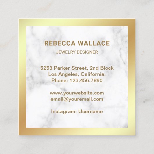 White marble Gold Foil Geometric Diamond Jeweler Vierkante Visitekaartje (Achterkant)