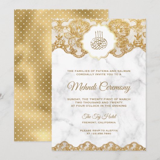 White marble Gold Foil Lace Islamic Mehndi Kaart (Voorkant / Achterkant)