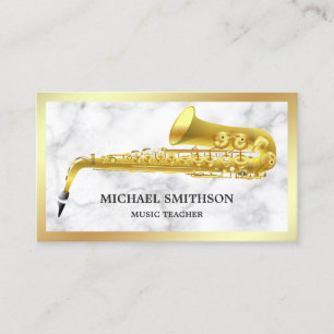White marble Gold Foil Saxophone Music Teacher Visitekaartje