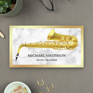 White marble Gold Foil Saxophone Music Teacher Visitekaartje