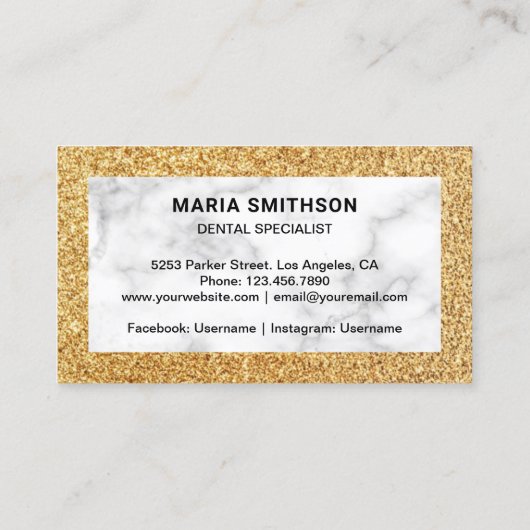 White Marble Gold Glitter Tandheelkundige kliniek  Visitekaartje (Achterkant)