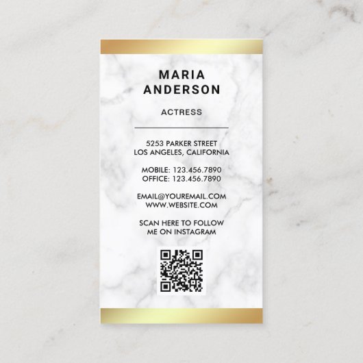White marble Gold Model Actress QR Code Foto Visitekaartje (Achterkant)